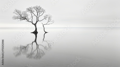  a black and white photo of a lone tree in the middle of a large body of water with no leaves on it. © Jevjenijs