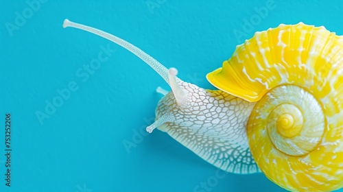 a close up of a yellow and white snail on a blue background with a smaller snail in the middle of it's shell.