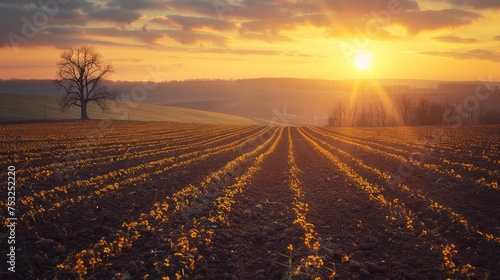  the sun is setting over a plowed field with a lone tree in the foreground and a distant hill in the distance.