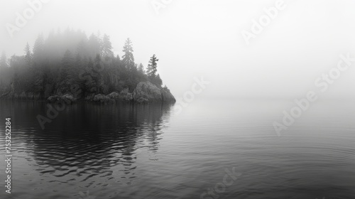  a black and white photo of a small island in the middle of a lake in the middle of a foggy day.