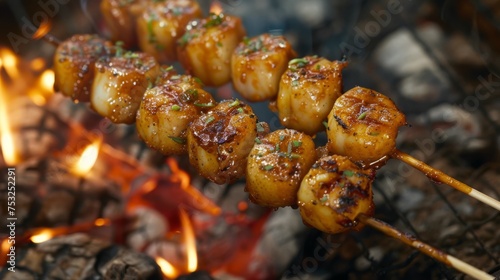  a close up of a skewer of food on a skewer over a fire with flames in the background.