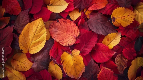  a bunch of colorful leaves laying on top of a bed of red  yellow  and green leafy leaves.