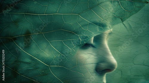 a close up of a person's face with a green leaf covering it's face and the image of a woman's face. photo