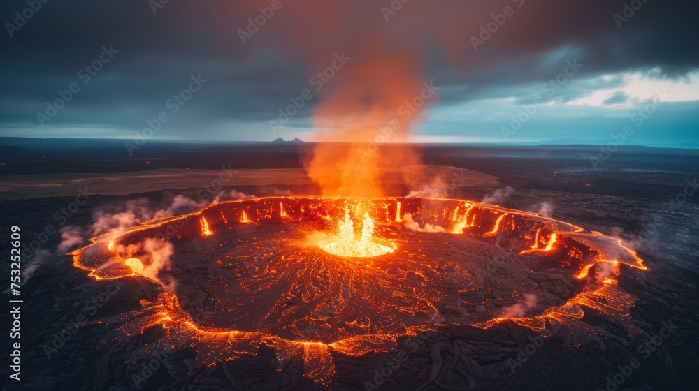 an aerial view of a fire pit in the middle of a field with a dark cloudy sky in the background. an aerial view of a fire pit in the middle of a field with a dark cloudy sky in the background.