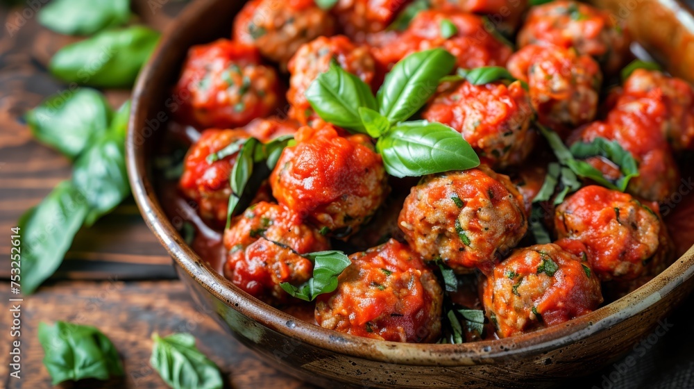 a bowl filled with meatballs covered in marinara sauce and garnished with basil leaves on top of a wooden table. a bowl filled with meatballs covered in marinara sauce and garnished with basil leaves on top of a wooden table.