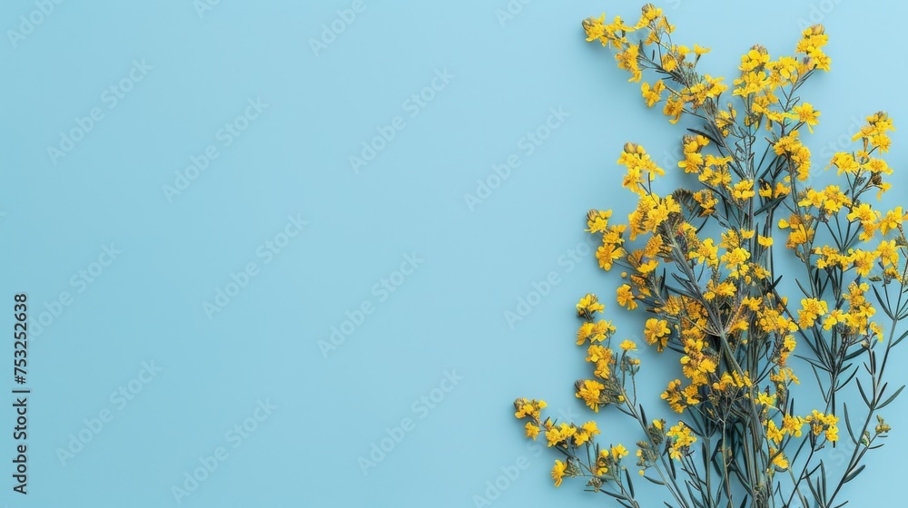 a bunch of yellow flowers sitting on top of a light blue table next to a vase filled with yellow flowers. a bunch of yellow flowers sitting on top of a light blue table next to a vase filled with yellow flowers.