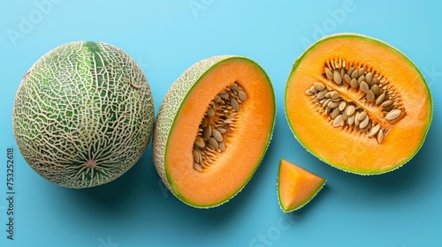  a cantaloupe cut in half and a whole cantaloupe cut in half on a blue background.
