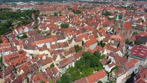 Nuremberg: Aerial view and Pedestal rise  of Imperial Castle of Nuremberg and Sinwell Tower in historic city centre - landscape panorama of Bavaria from above, Germany, Europe photo