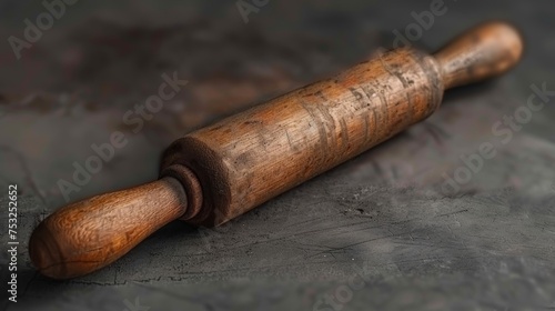  a close up of a wooden rolling pin on a table with a metal surface in the background and a wooden handle on the top of the rolling pin.