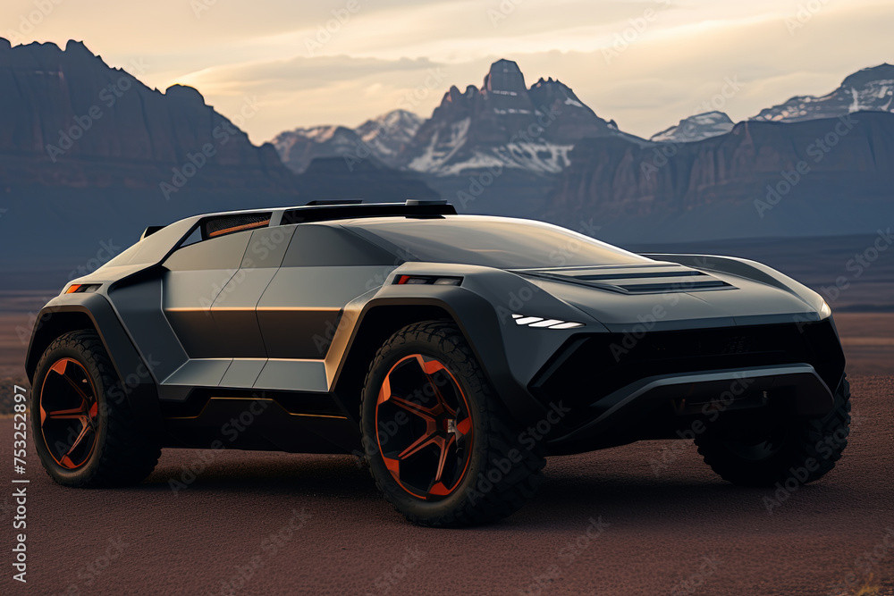 Sci-Fi Concept SUV with Mountains in the Background - GENERATIVE AI