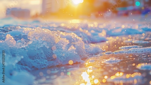  a close up of a wave in the ocean with the sun in the background and a building in the background.