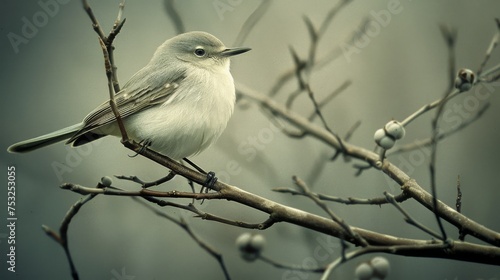  a small white bird sitting on top of a tree branch with berries on it's branches and a foggy sky in the background.