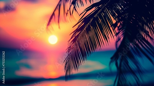Sunset Palm Tree by the Beach with Colorful Sky 