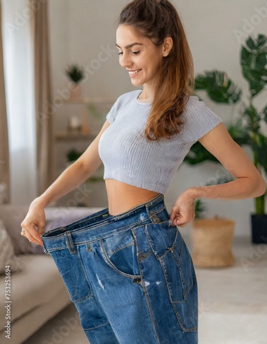 Weight loss concept with slim fit woman trying an old pair of her extra large jeans