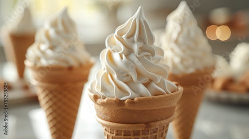 a group of ice cream cones with white icing on top of a white table with blurry lights in the background. photo