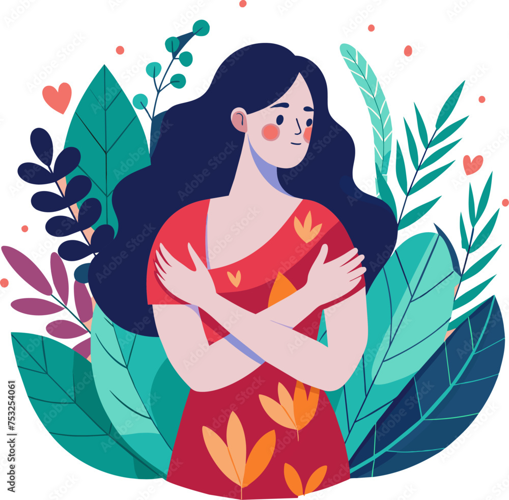Flat style illustration of Woman in self acceptance vector graphic design Flat style illustration of Woman in self acceptance vector graphic design