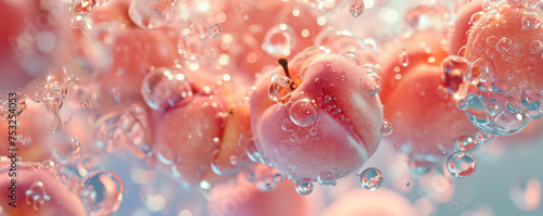 Juicy peaches fell into the water. Dynamic image of peaches underwater with air bubbles.