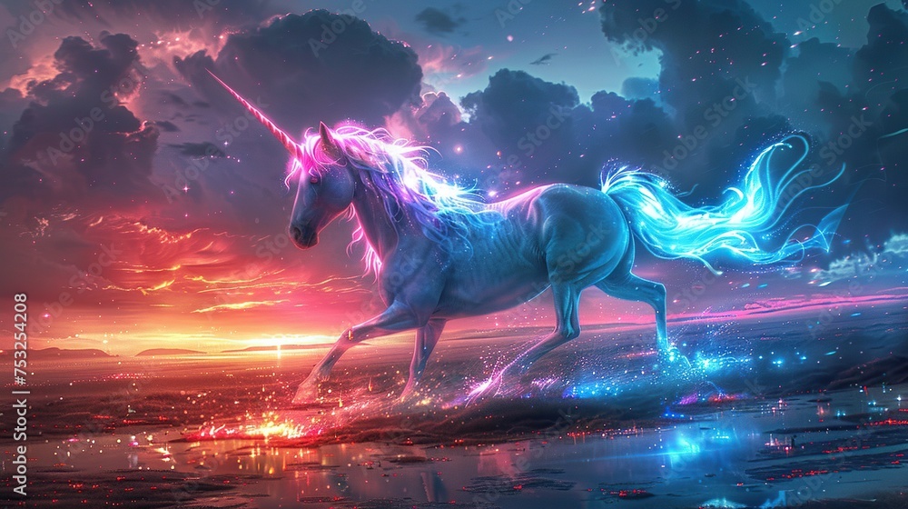 illustration of a magical creature merging the elegance of a unicorn with the vivid brilliance of neon colors - obrazy, fototapety, plakaty 