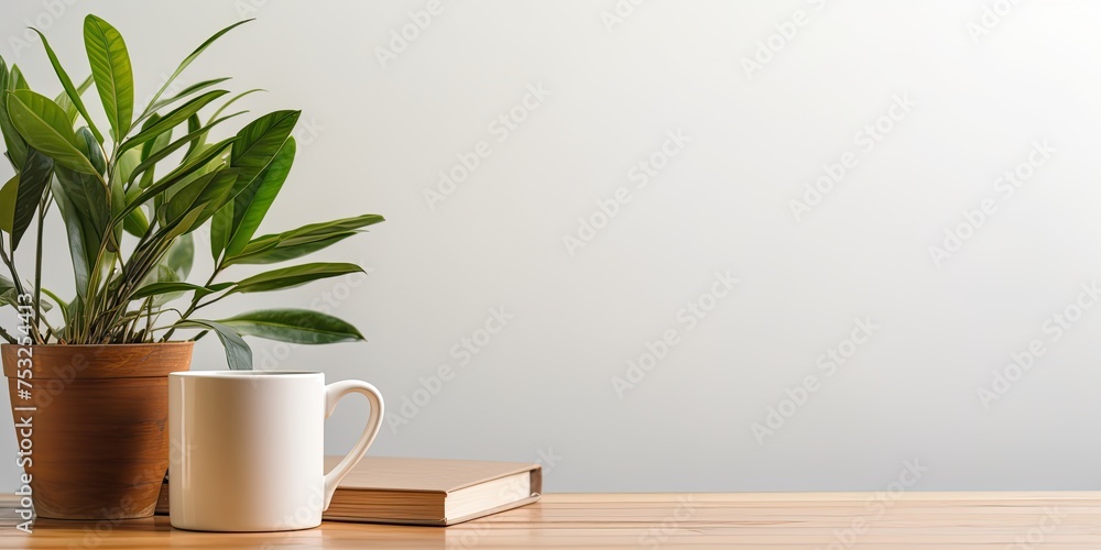 © Lasvu - Front view of a wooden desk with a coffee mug and a houseplant, providing space for work and copying.