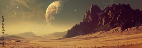 Dramatic dune futurictic sci-fi illustration: expansive desert under a looming moon, invoking the epic scale and mystery of space exploration photo