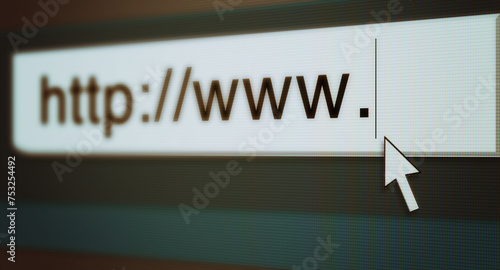 Картината върху платно Web, cursor and url of search bar on computer screen for information, worldwide surfing and server