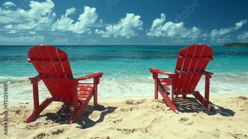 Two red chairs on a beach, Happy retirement concept photo