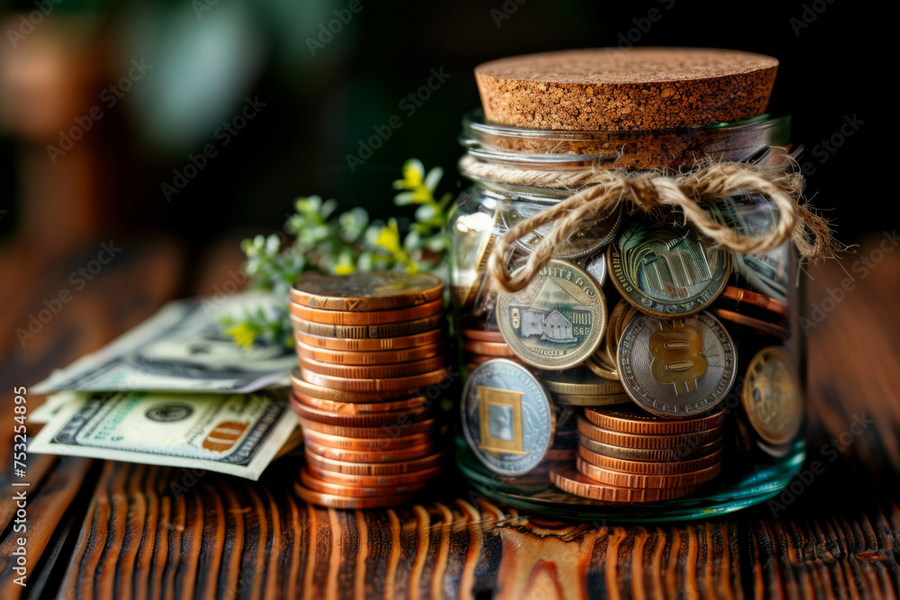 A lot of coins, in a jar, Growing plant as a savings concept, retirement fund A lot of coins, in a jar, Growing plant as a savings concept, retirement fund