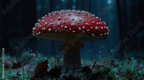 a close up of a mushroom in a field of grass with drops of water on the top of the mushroom.