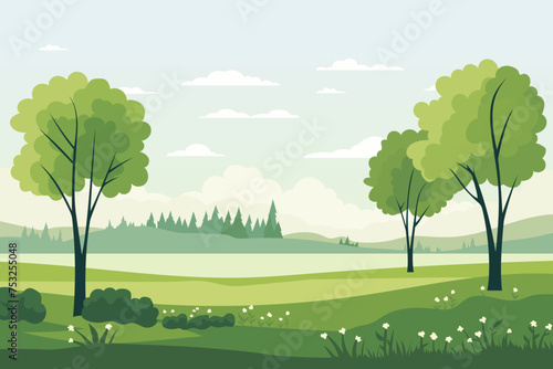 Glade. Beautiful green meadow with trees, grass, bushes and summer flowers against the backdrop of hills, forest and sky with clouds. Vector illustration of a summer landscape.