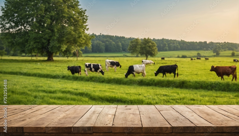 Wooden table top with a serene summer farm and cow-filled meadow background, bathed in morning light, suitable for product display or montage - obrazy, fototapety, plakaty 