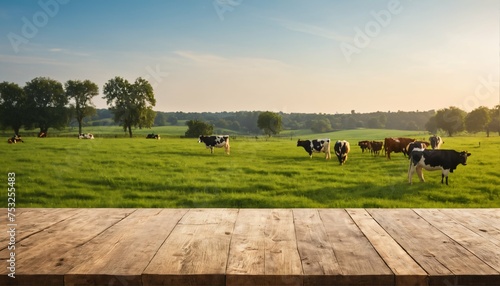 Summer morning light over a grassy field with cows and farm, viewed from an empty wooden table top, perfect for showcasing products © ibreakstock