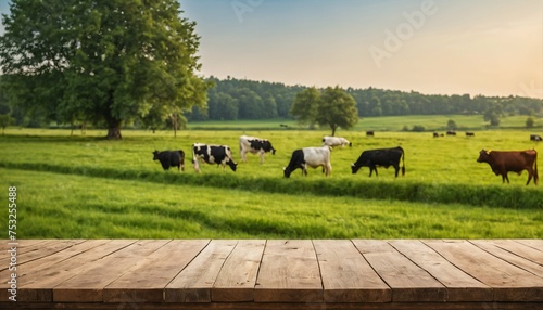 Wooden table top with a serene summer farm and cow-filled meadow background, bathed in morning light, suitable for product display or montage photo