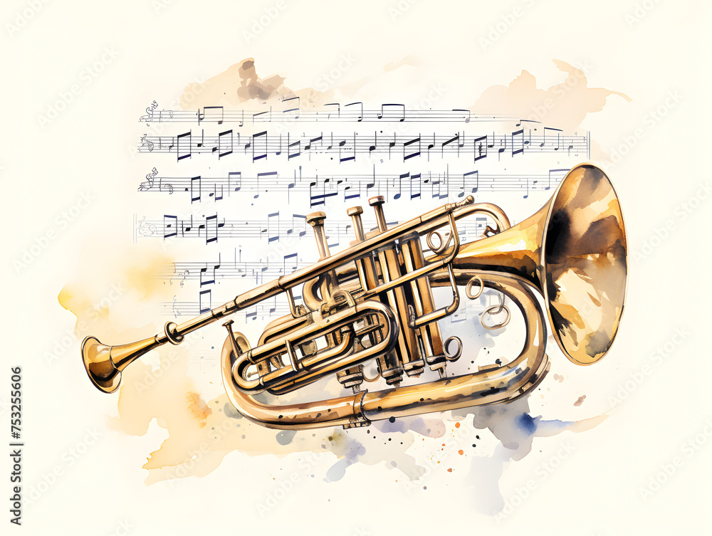 Naklejka premium Watercolor illustration of a trombone music instrument with notes background