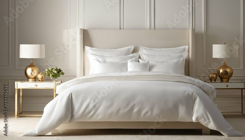 Sunlight filtering through serene bedroom  creating shadows on white bedding and vase display