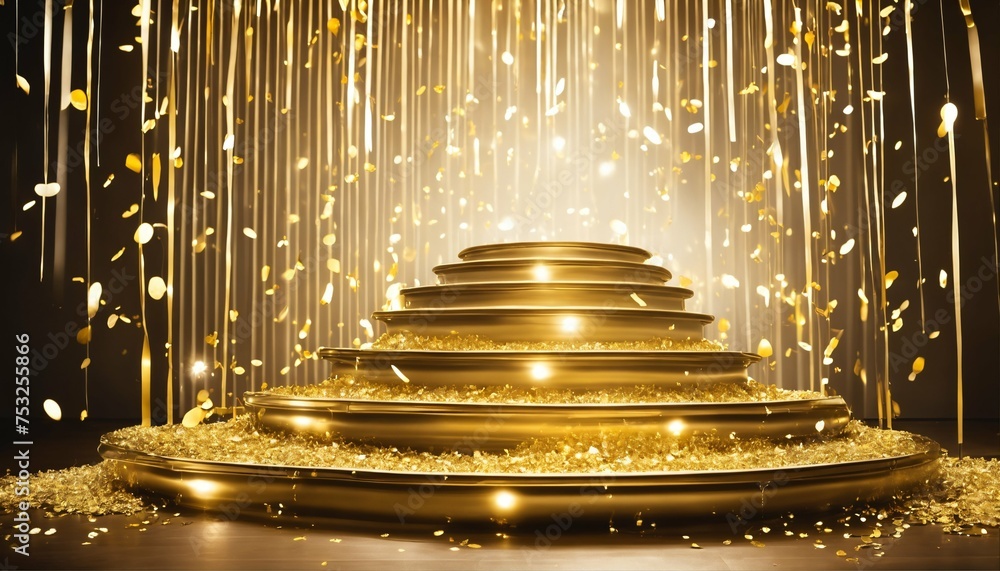 Festive stage mockup with golden confetti falling under a central light, ideal for award ceremonies, jubilees, and product presentations - obrazy, fototapety, plakaty 