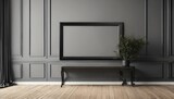 Vertical frame mockup: Empty black poster frame on a light wooden flooring