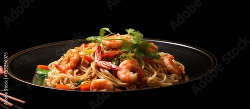 Savor the Flavor: Delectable Plate of Noodles Teeming with Freshly Grilled Shrimp and Vibrant Vegetables