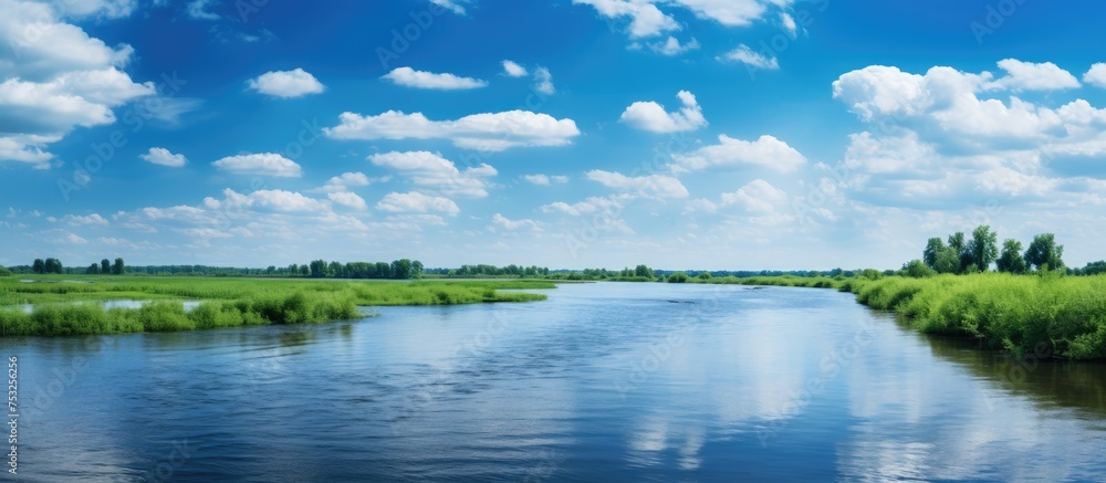 Fototapeta premium Tranquil Lake Reflection with Trees and Mountains in the Distance at Dawn