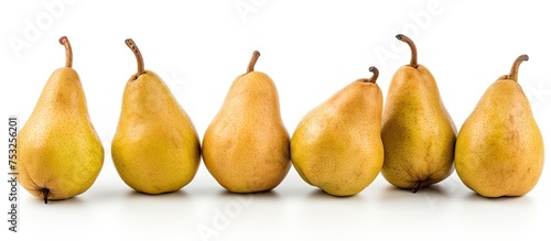 Vibrant Rainbow of Five Fresh Pears Aligned in Perfect Row on Wooden Surface