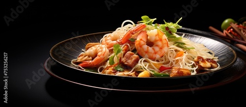 Delicious Seafood Noodles Dish with Shrimp and Colorful Fresh Vegetables on a Plate