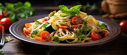 Delicious Italian Pasta Dish Served with Fresh Tomatoes and Fragrant Basil Leaves