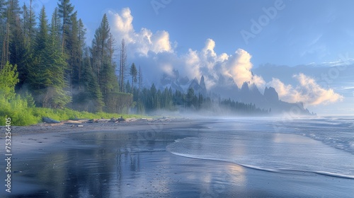 a large body of water sitting next to a forest on top of a lush green forest filled with lots of trees. photo
