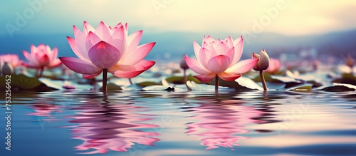 Tranquil Beauty of Pink Lotus Flowers Floating Peacefully in a Serene Lake
