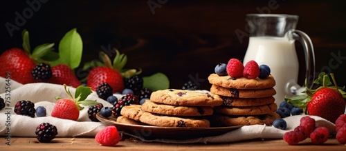 Delicious Homemade Cookies with Fresh Berries and Milk on Elegant Plate