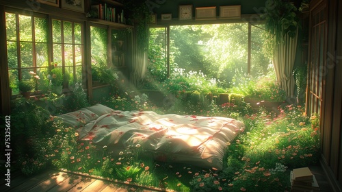 a bed sitting in the middle of a lush green field next to a window filled with lots of greenery.