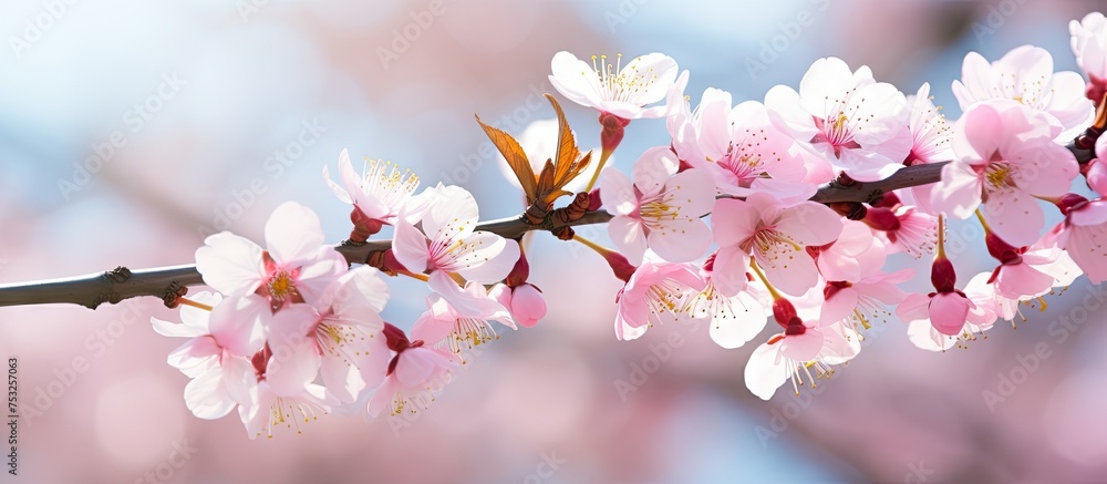 Beautiful Cherry Blossom Branch Blooming with Delicate Pink Flowers in Springtime