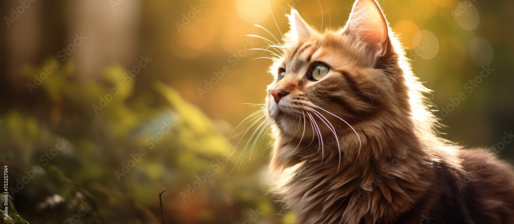 Graceful Feline Posing with Elegant Long Whiskers and Tail in Soft Pastel Background