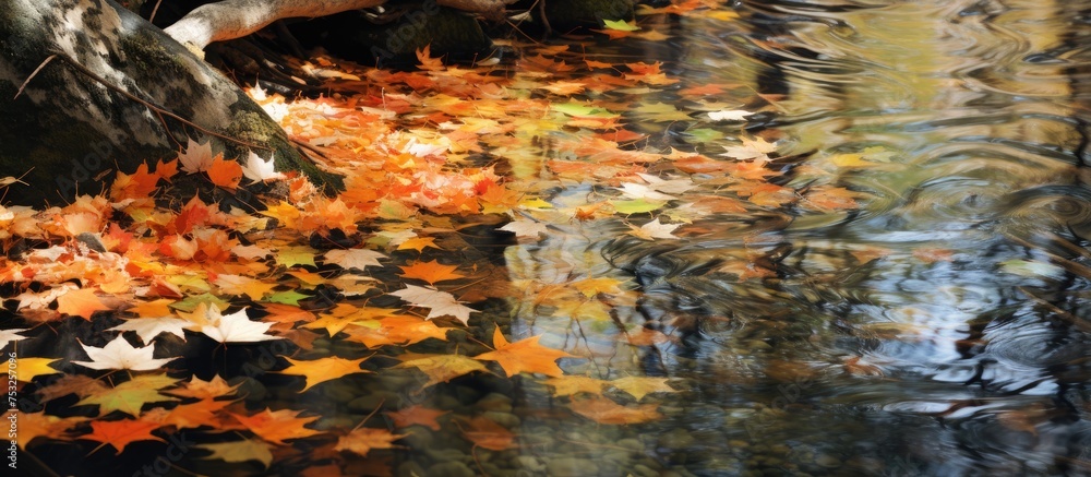 Tranquil Nature: Serene Stream Flowing Through Woods with Floating Leaves