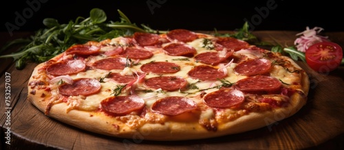Delicious Pepperoni and Cheese Pizza on Rustic Wooden Board - Tempting Italian Cuisine Concept