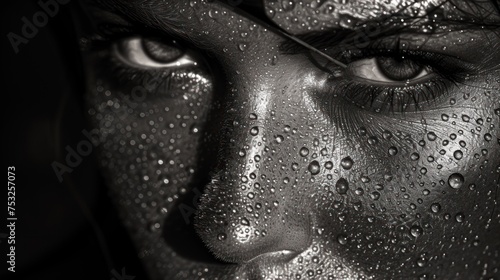 a black and white photo of a woman's face with drops of water all over her face and eyes.